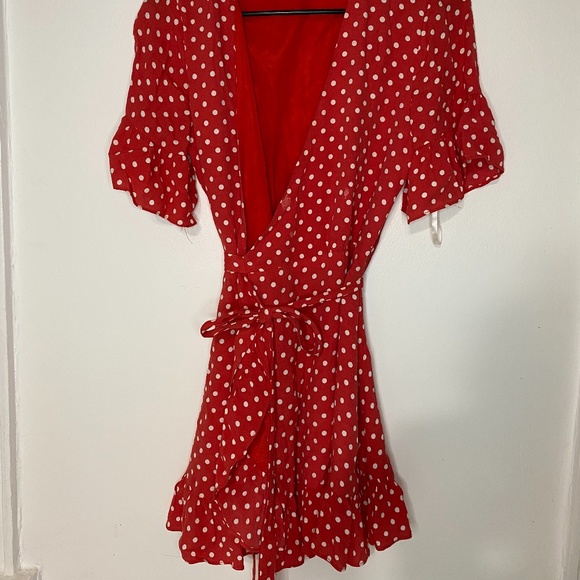 knee length dresses for ladies Black Polka Dot Ruffled Semi-Sheer Wrap Mini Dress main image 0